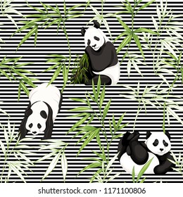 Seamless pattern, background. with pandas and bamboo.  Vector illustration without gradients and transparency.  On black-and-white stripes background. Colored and outline design.
