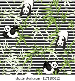 Seamless pattern, background. with pandas and bamboo.  Vector illustration without gradients and transparency.  On black-and-white stripes background. Colored and outline design.