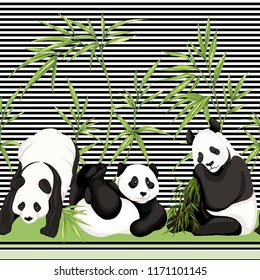 Seamless pattern, background. with pandas and bamboo.  Vector illustration without gradients and transparency.  On black-and-white stripes background