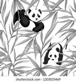 Seamless pattern, background. with pandas and bamboo.  Vector illustration without gradients and transparency.  In monochrome gray colors