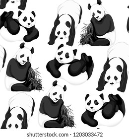 Seamless pattern, background. with pandas and bamboo.  Vector illustration without gradients and transparency.  In monochrome gray colors