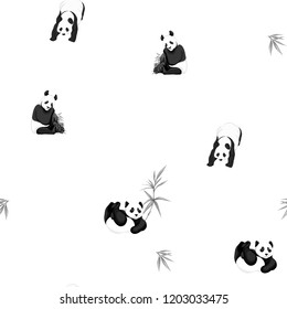 Seamless pattern, background. with pandas and bamboo.  Vector illustration without gradients and transparency.  In monochrome gray colors