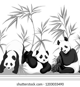 Seamless pattern, background. with pandas and bamboo.  Vector illustration without gradients and transparency.  In monochrome gray colors