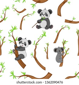 Seamless pattern, background. with pandas and bamboo. Vector illustration . Isolated on white background.