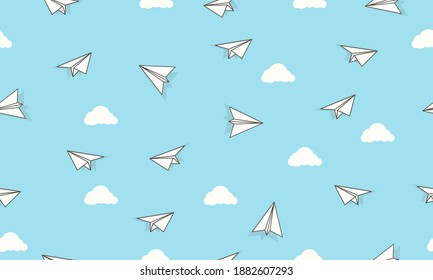 seamless pattern background paper airplanes and clouds
