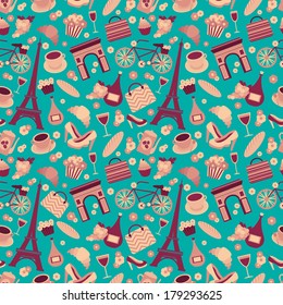 Seamless pattern background with Paris landmarks and France symbols vector illustration