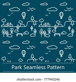 Seamless Pattern Background with Park Landscape. Nature Icons Set in Thin Line Style. Flat vector illustration.
