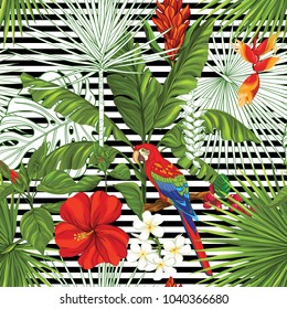 Seamless pattern, background with parrot and tropical plants on b&w stripes background.  Hand drawn colorful vector illustration without transparent and gradients.