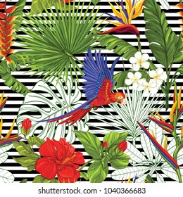 Seamless pattern, background with parrot and tropical plants on b&w stripes background.  Hand drawn colorful vector illustration without transparent and gradients.