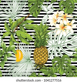 Seamless pattern, background with parrot and white plumeria on yellow background. Hand drawn colorful vector illustration without transparent and gradients.