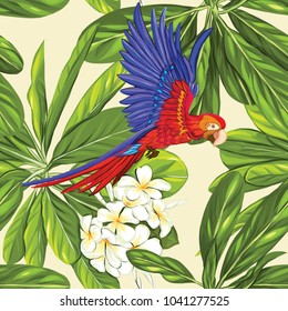 Seamless pattern, background with parrot and white plumeria on yellow background. Hand drawn colorful vector illustration without transparent and gradients.