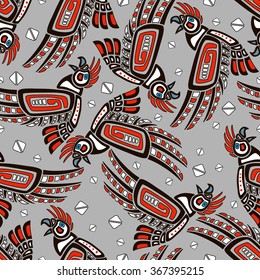 Seamless pattern background with parrots in hand-drawn ethnic style. Vector illustration.