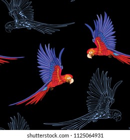 Seamless pattern, background  with parrots.  Realistic drawing, animalism. Vector illustration without gradients and transparency.  On black  background. Colored and outline drawing.