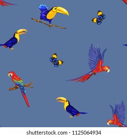 Seamless pattern, background  with parrots toucans and butterflies.  Realistic drawing, animalism. Vector illustration without gradients and transparency.  On blue  background. 