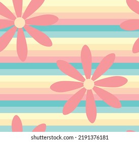 Seamless pattern background with pastel horizontal lines and simple daisy flowers. Geometric lines cute y2k 90s modern trendy cute texture design