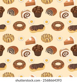 Seamless pattern or background for a pastry shop - fresh baked goods cartoon or flat illustration. Buns, cake, donut and more.