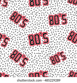 Seamless pattern background with patch 80s label. Vector backdrop with badges, stickers, pins, patches. Inspired by cartoon comic style of 80s-90s.