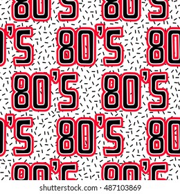 Seamless pattern background with patch 80s label. Vector backdrop with badges, stickers, pins, patches. Inspired by cartoon comic style of 80s-90s.