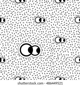 Seamless pattern background with patch beholder eyes. Vector backdrop with badges, stickers, pins, patches. Inspired by cartoon comic style of 80s-90s.