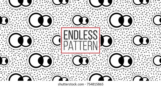 Seamless pattern background with patch beholder eyes. Vector backdrop with badges, stickers, pins, patches. Inspired by cartoon comic style of 80s-90s.
