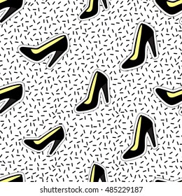 Seamless pattern background with patch black heel shoe. Vector backdrop with badges, stickers, pins, patches. Inspired by cartoon comic style of 80s-90s.