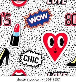 Seamless pattern background with patch black heel shoe, wow label, open mouth, red lipstick, smile heart, chic and 80s label. Vector backdrop with badges, stickers, pins, patches. Style of 80s-90s.