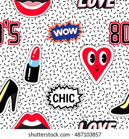 Seamless pattern background with patch black heel shoe, open mouth, red lipstick, smile heart, labels: love, chic, 80s, wow. Vector backdrop with badges, stickers, pins, patches. Style of 80s-90s.