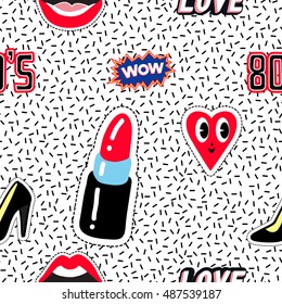 Seamless pattern background with patch black heel shoe, open mouth, red lipstick, smile heart, labels: wow, love, chic, 80s. Vector backdrop with badges, stickers, pins, patches. Style of 80s-90s.