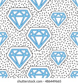Seamless pattern background with patch blue diamond. Vector backdrop with badges, stickers, pins, patches. Inspired by cartoon comic style of 80s-90s.