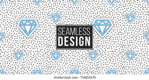 Seamless pattern background with patch blue diamond. Vector backdrop with badges, stickers, pins, patches. Inspired by cartoon comic style of 80s-90s.