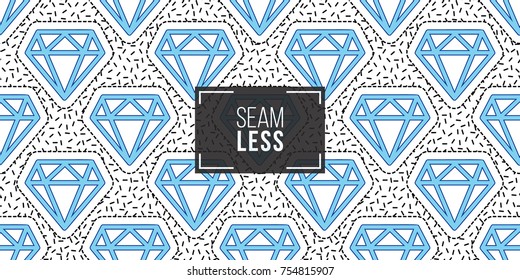 Seamless pattern background with patch blue diamond. Vector backdrop with badges, stickers, pins, patches. Inspired by cartoon comic style of 80s-90s.