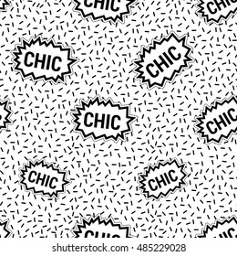 Seamless pattern background with patch chic label. Vector backdrop with badges, stickers, pins, patches. Inspired by cartoon comic style of 80s-90s.