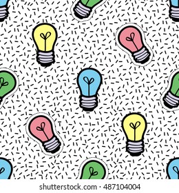 Seamless pattern background with patch green lamp, blue lamp, pink lamp, yellow lamp. Vector backdrop with badges, stickers, pins, patches. Inspired by cartoon comic style of 80s-90s.