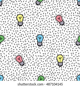 Seamless pattern background with patch green lamp, blue lamp, pink lamp, yellow lamp. Vector backdrop with badges, stickers, pins, patches. Inspired by cartoon comic style of 80s-90s.