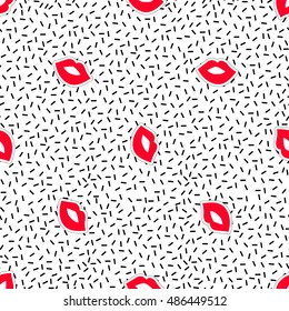 Seamless pattern background with patch kissing lips. Vector backdrop with badges, stickers, pins, patches. Inspired by cartoon comic style of 80s-90s.