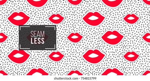 Seamless pattern background with patch kissing lips. Vector backdrop with badges, stickers, pins, patches. Inspired by cartoon comic style of 80s-90s.