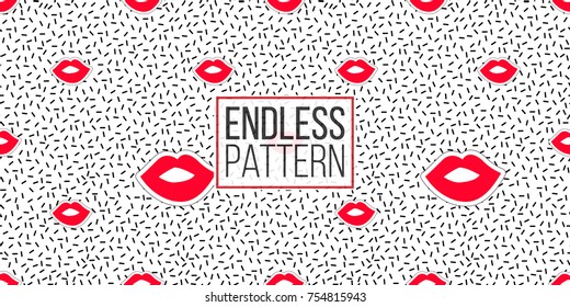 Seamless pattern background with patch kissing lips. Vector backdrop with badges, stickers, pins, patches. Inspired by cartoon comic style of 80s-90s.