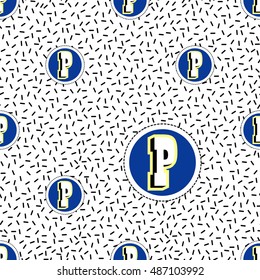 Seamless pattern background with patch letter p in blue circle. Vector backdrop with badges, stickers, pins, patches. Inspired by cartoon comic style of 80s-90s.