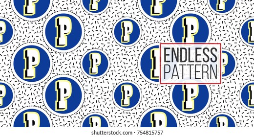 Seamless pattern background with patch letter p in blue circle. Vector backdrop with badges, stickers, pins, patches. Inspired by cartoon comic style of 80s-90s.