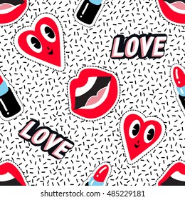 Seamless pattern background with patch open mouth, red lipstick, smile heart, love label. Vector backdrop with badges, stickers, pins, patches. Inspired by cartoon comic style of 80s-90s.