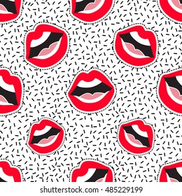 Seamless pattern background with patch open mouth. Vector backdrop with badges, stickers, pins, patches. Inspired by cartoon comic style of 80s-90s.