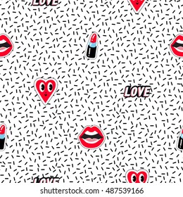 Seamless pattern background with patch open mouth, red lipstick, smile heart, love label. Vector backdrop with badges, stickers, pins, patches. Inspired by cartoon comic style of 80s-90s.