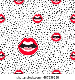 Seamless pattern background with patch open mouth. Vector backdrop with badges, stickers, pins, patches. Inspired by cartoon comic style of 80s-90s.