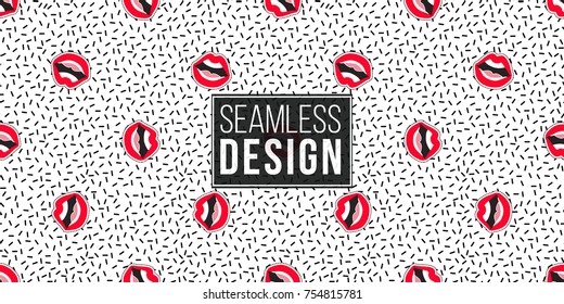 Seamless pattern background with patch open mouth. Vector backdrop with badges, stickers, pins, patches. Inspired by cartoon comic style of 80s-90s.