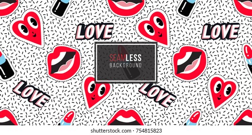 Seamless pattern background with patch open mouth, red lipstick, smile heart, love label. Vector backdrop with badges, stickers, pins, patches. Inspired by cartoon comic style of 80s-90s.