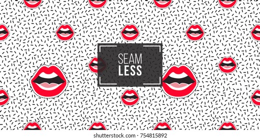 Seamless pattern background with patch open mouth. Vector backdrop with badges, stickers, pins, patches. Inspired by cartoon comic style of 80s-90s.
