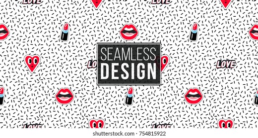 Seamless pattern background with patch open mouth, red lipstick, smile heart, love label. Vector backdrop with badges, stickers, pins, patches. Inspired by cartoon comic style of 80s-90s.