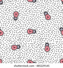 Seamless pattern background with patch pink lamp. Vector backdrop with badges, stickers, pins, patches. Inspired by cartoon comic style of 80s-90s.
