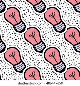 Seamless pattern background with patch pink lamp. Vector backdrop with badges, stickers, pins, patches. Inspired by cartoon comic style of 80s-90s.