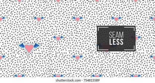 Seamless pattern background with patch pink heart with wings. Vector backdrop with badges, stickers, pins, patches. Inspired by cartoon comic style of 80s-90s.